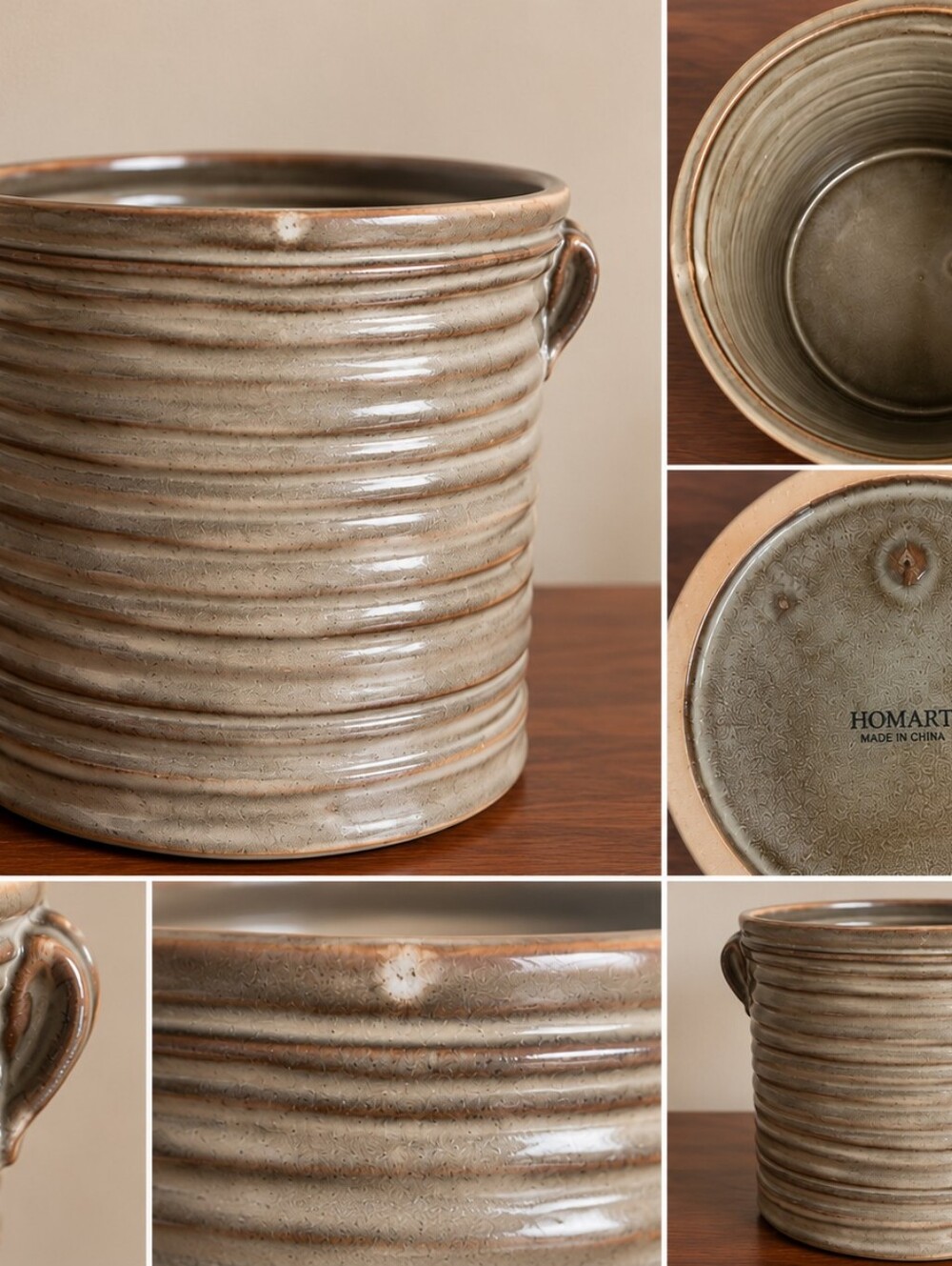 HomArt Large Mission Ceramic Cachepot Planter – Neutral Gray/Brown